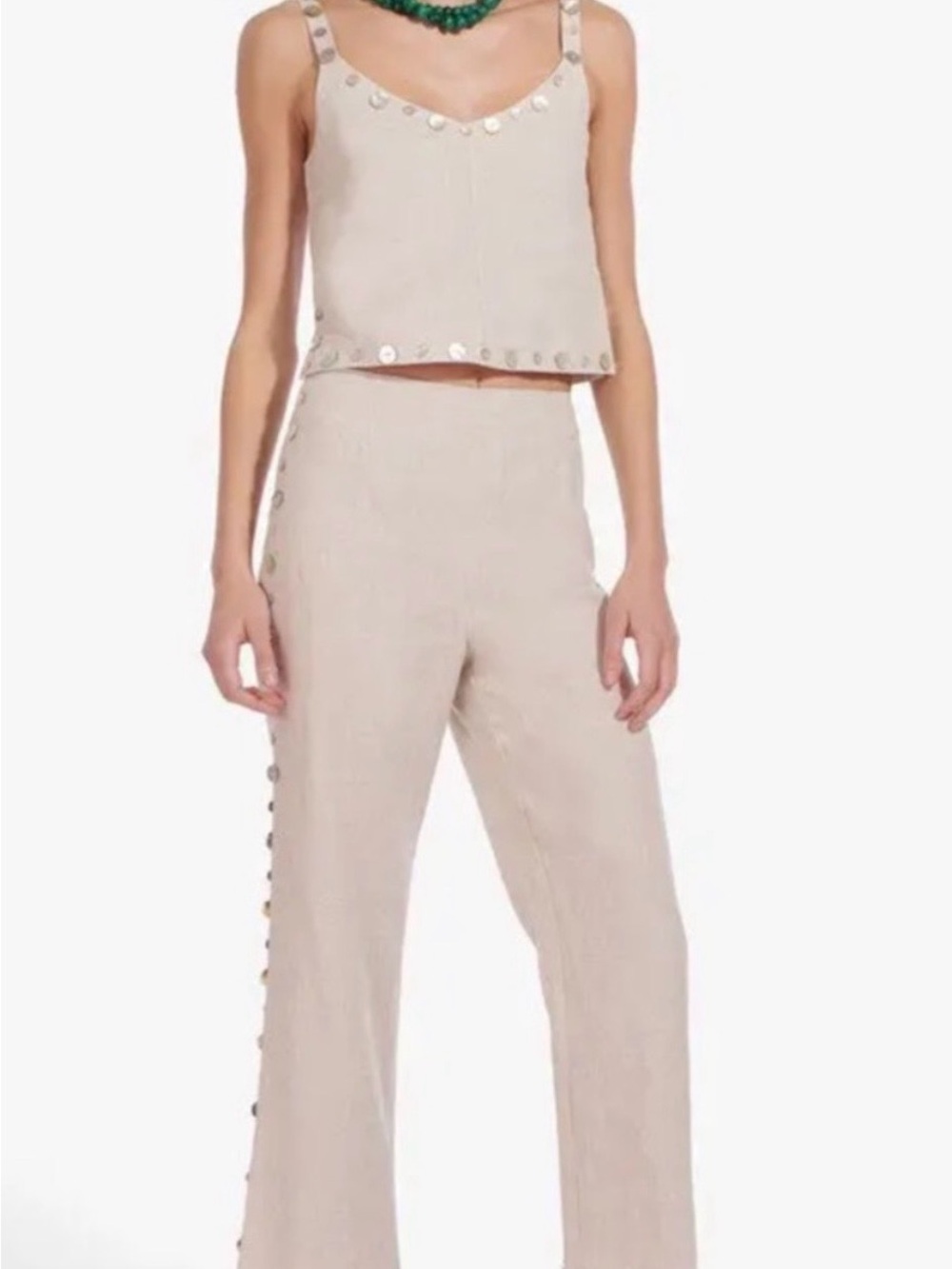 STAUD NWT LINEN Pearl Trim Ankle Pants Straight Leg Flat Front Button 10 Natural